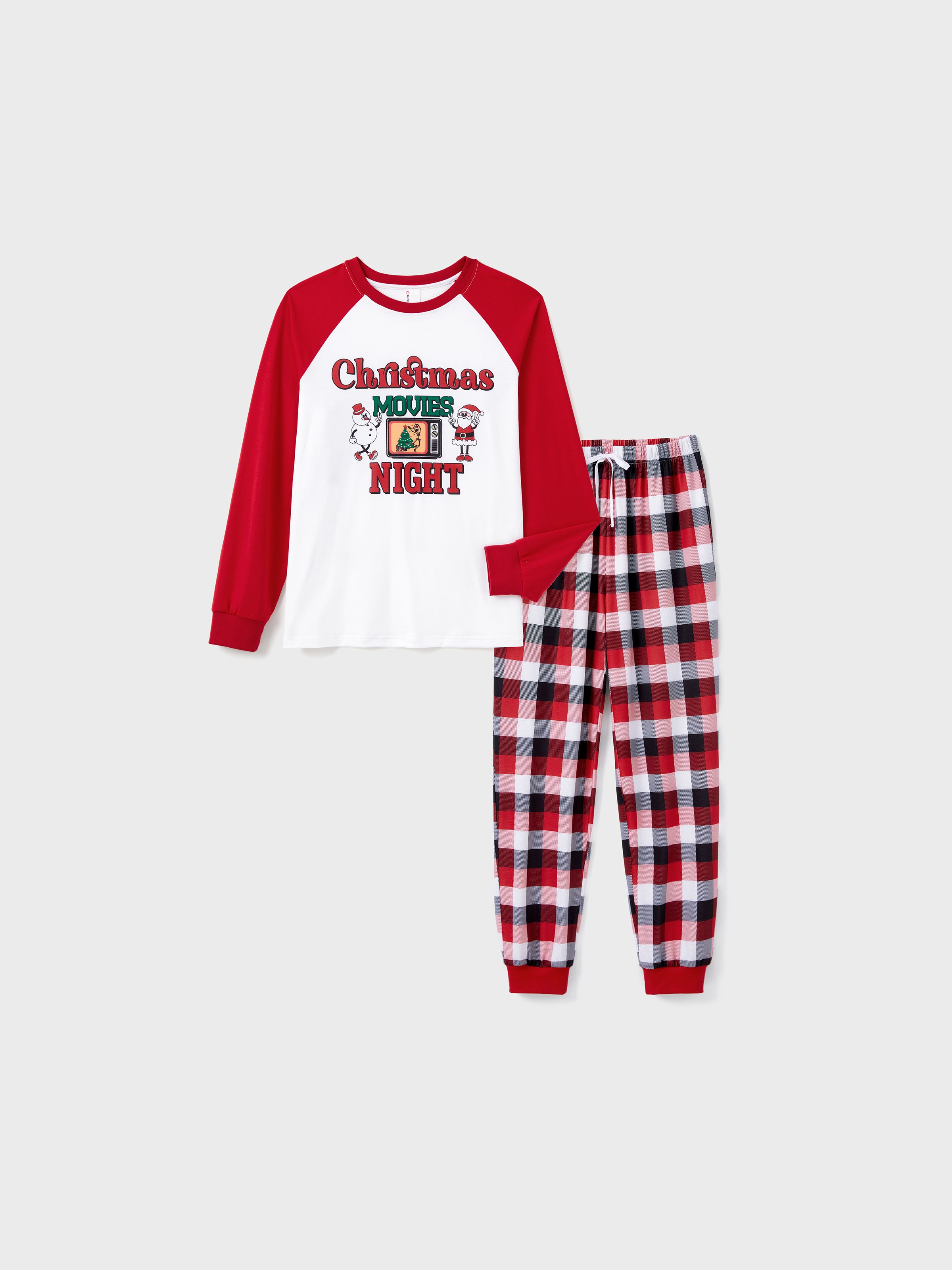 

Christmas Movie Night Red Plaid Pajamas Raglan Sleeves Santa and Snowman Pattern