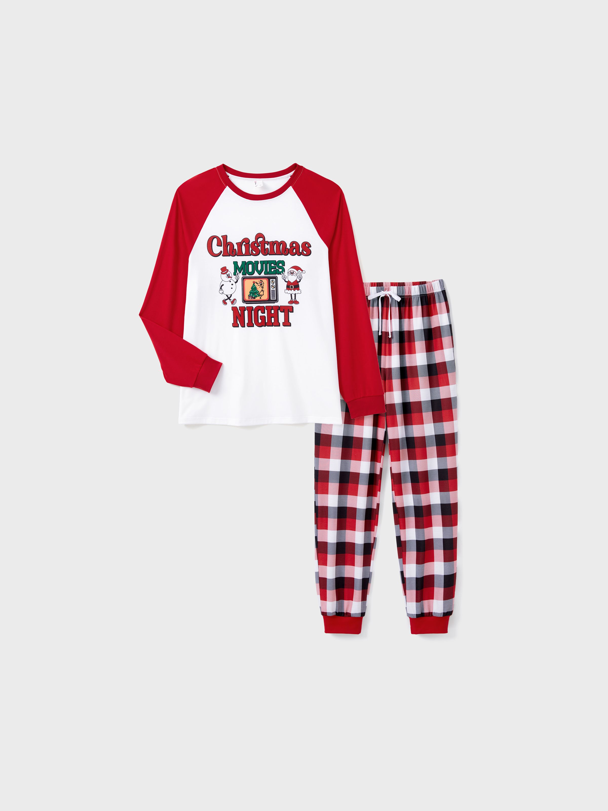 

Christmas Movie Night Red Plaid Pajamas Raglan Sleeves Santa and Snowman Pattern