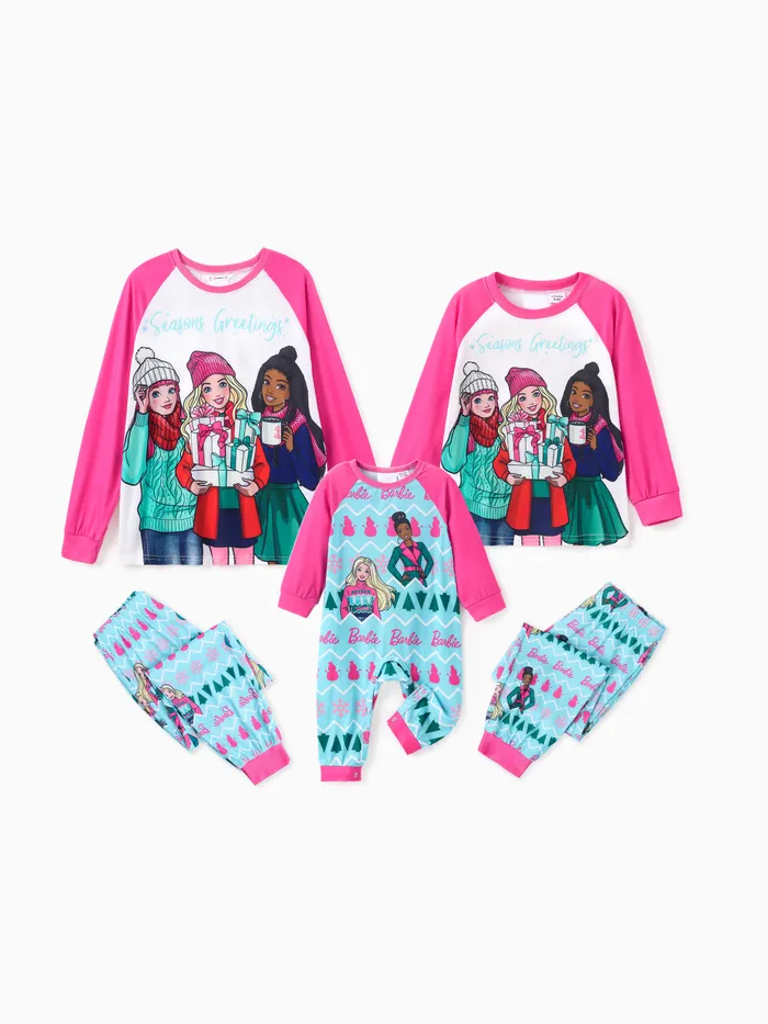 Barbie Christmas Mommy and Me Colorblock Snowman Pattern Print Conjuntos de pijamas (resistente al fuego)