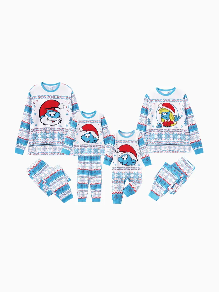 The Smurfs Family Matching Christmas Character Snowflake Print Long-sleeve Pajamas Set (Flame Resistant)