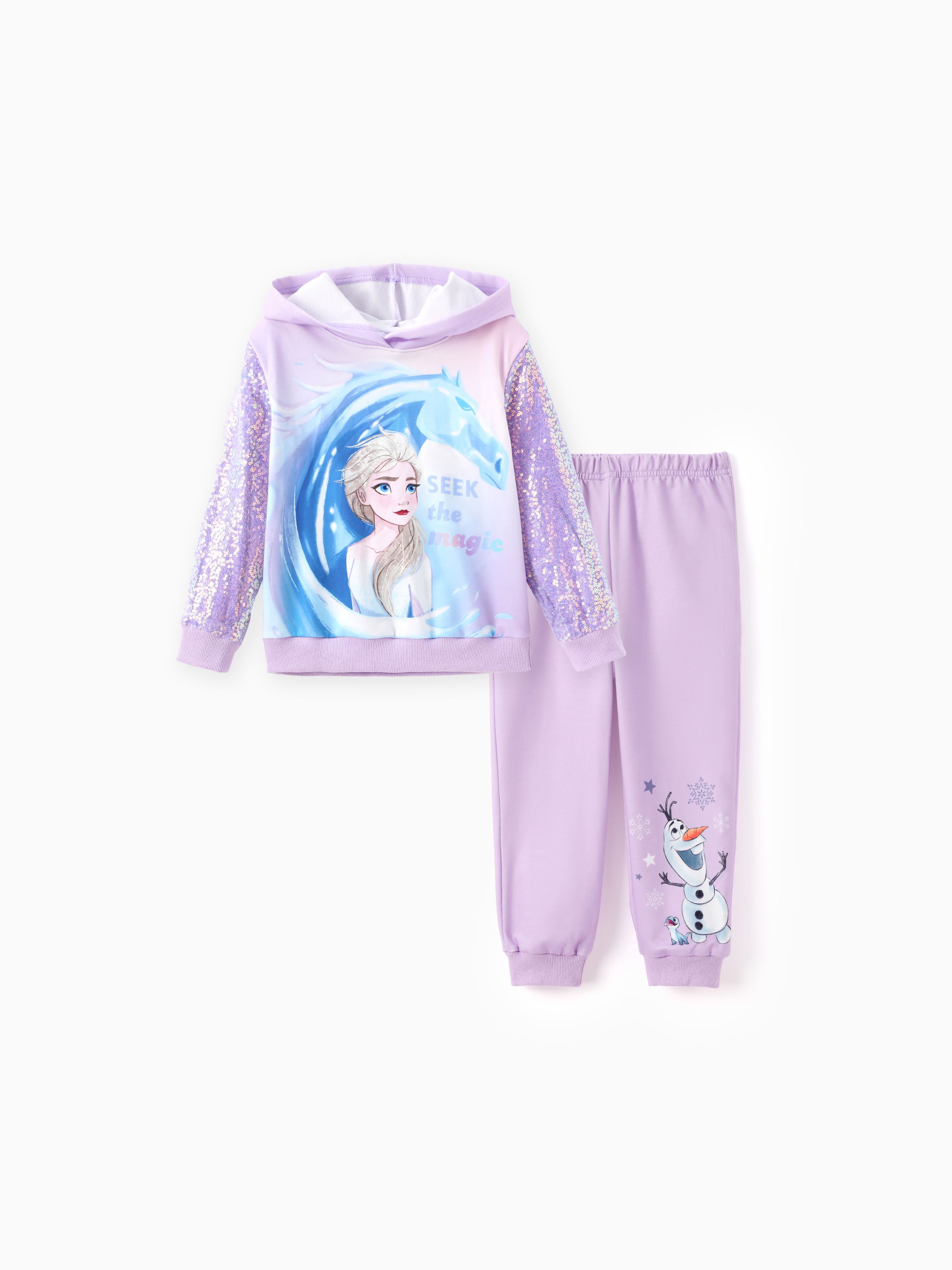 

Disney Frozen Toddler Girl 2pcs Elsa And Olaf Character Print Hoodies With Sequin Sleeves And Pants Set