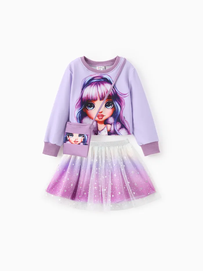 arc-en-ciel haut Toddler/Kid Girl 3pcs Jade/Ruby/Violet Personnage Imprimé Sweat-shirt Et Graffiti/Dégradé Tulle Jupe Ensemble Avec Sac  
