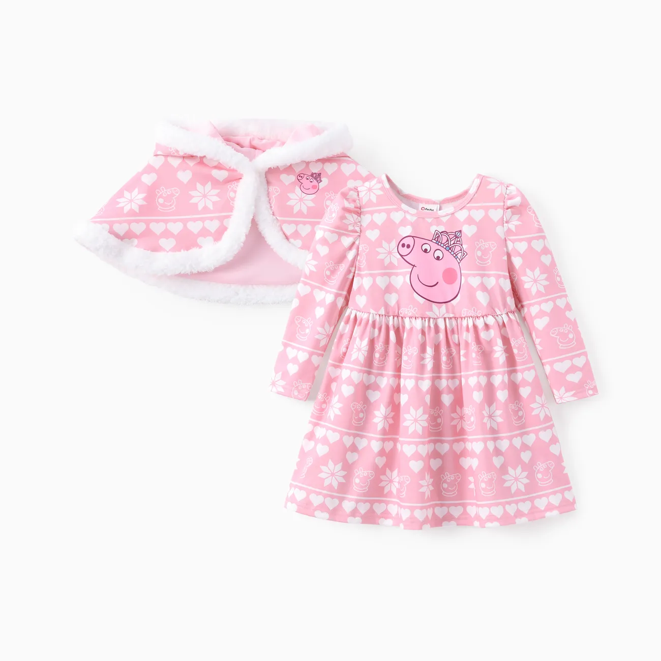 Peppa Pig Toddler Girl 2pcs Character Snowflake Heart Allover Print Long-sleeve Dress With Plush Edge Hooded Cloak Set