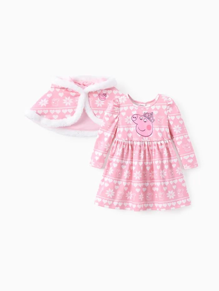 Peppa Pig Toddler Fille 2pcs Personnage Flocon de Neige Coeur Allover Imprimé Robe À Manches Longues Avec Bord En Peluche Manteau À Capuche Ensemble 