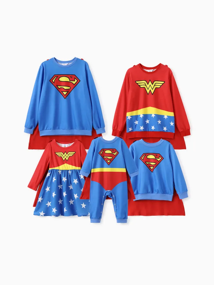 Justice League Familie passendes Cosplay Kostüm Superman/Wonder Frau Logo Print Langärmeliges Sweatshirt/Kleid/Jumpsuit mit Cape  