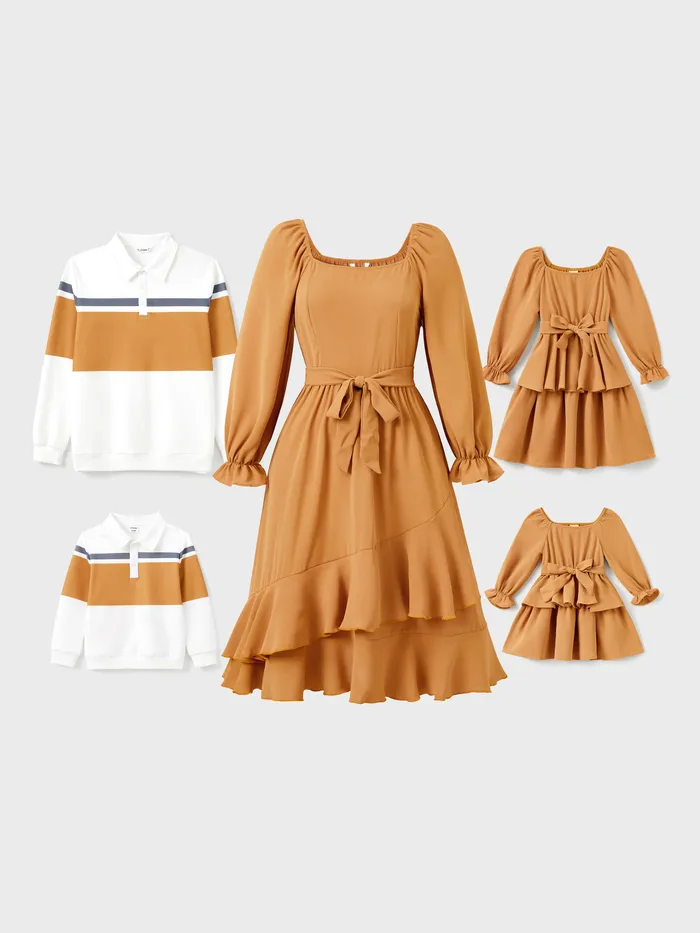 Family Matching Long Sleeves Polo Shirt or Puff Sleeves Square Neck Ruffle Hem Tiered Dress