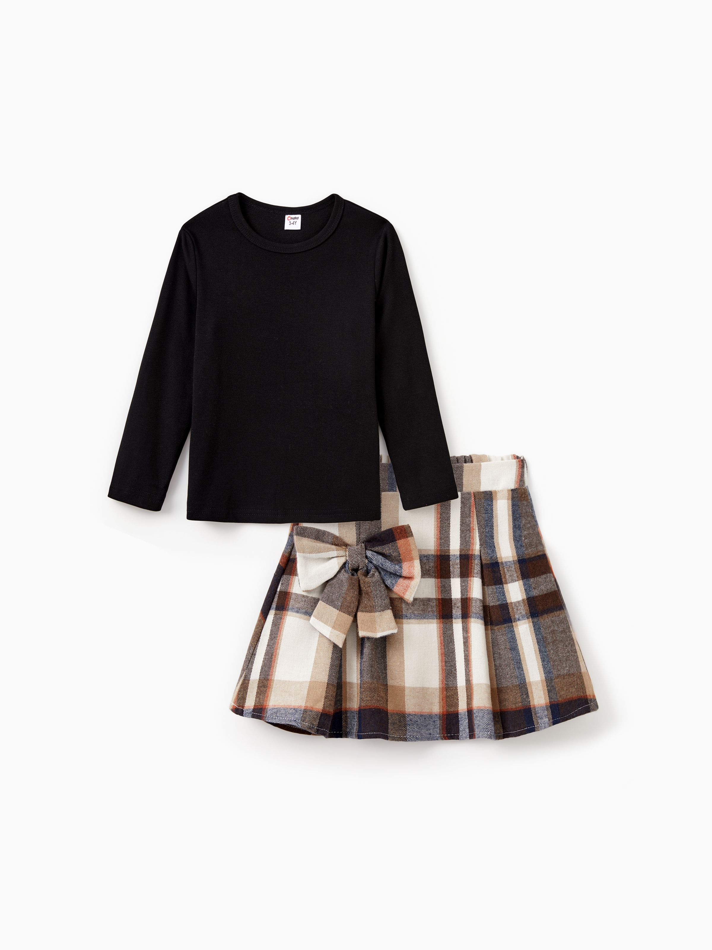 

Mommy and Me Black Long Sleeves Top Khaki Plaid Pleated Skirt Co-ord Sets