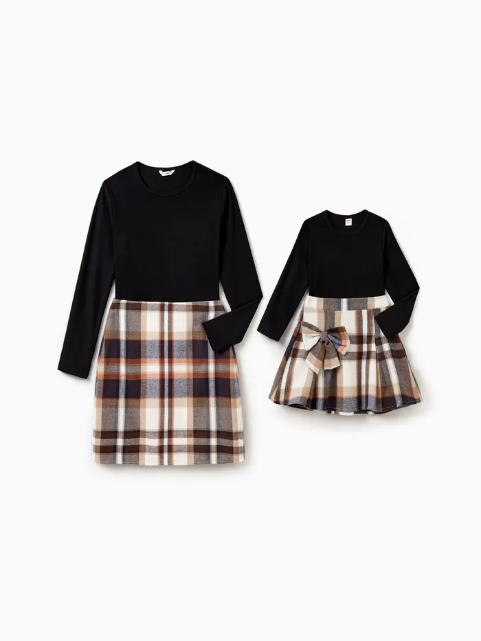 Mommy and Me Black Long Sleeves Top Khaki Plaid Pleated Skirt Co-ord Sets