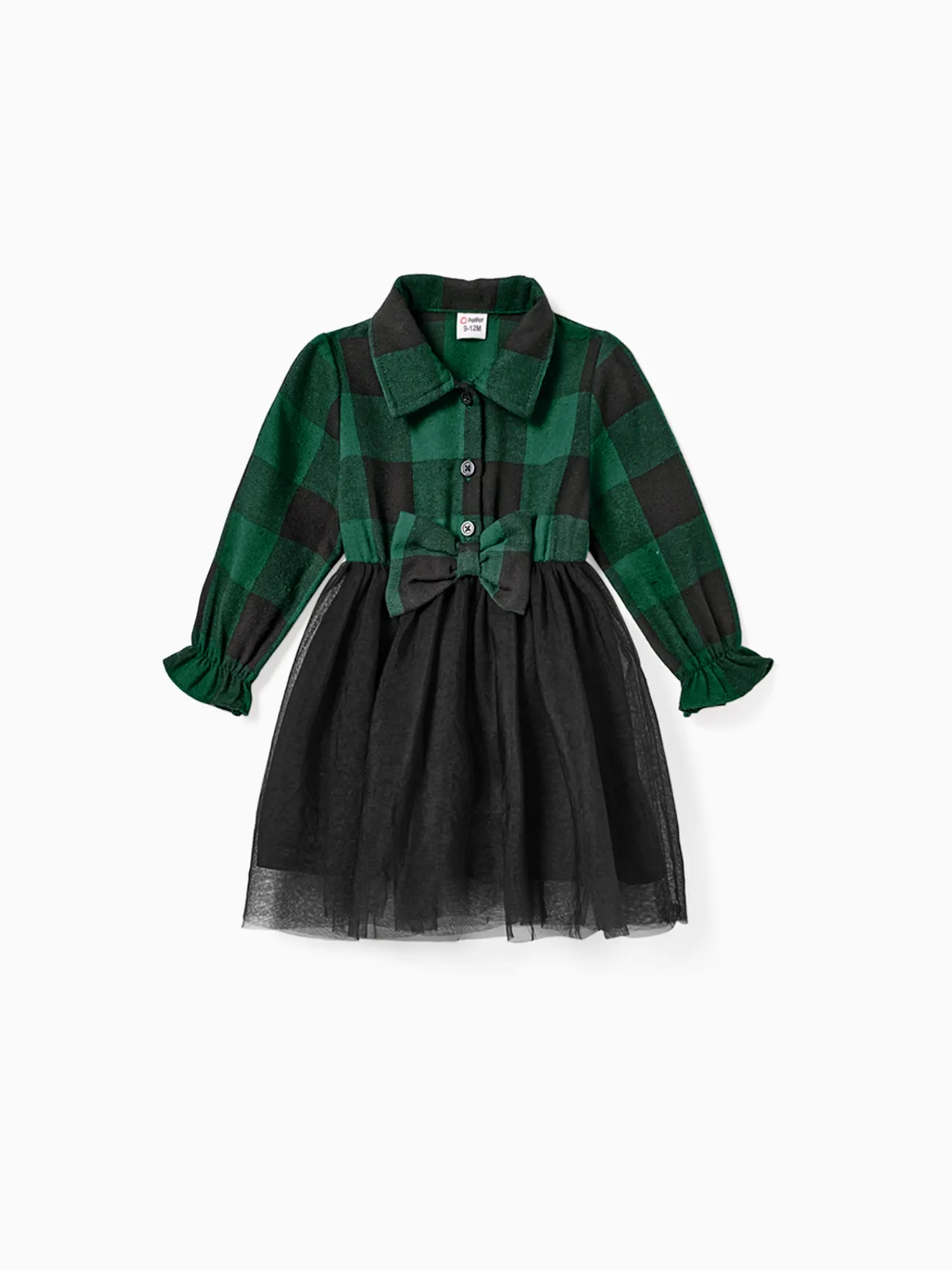 

Family Matching Sets Green Plaid Long Sleeves Shirt or Tulle Mesh Dress