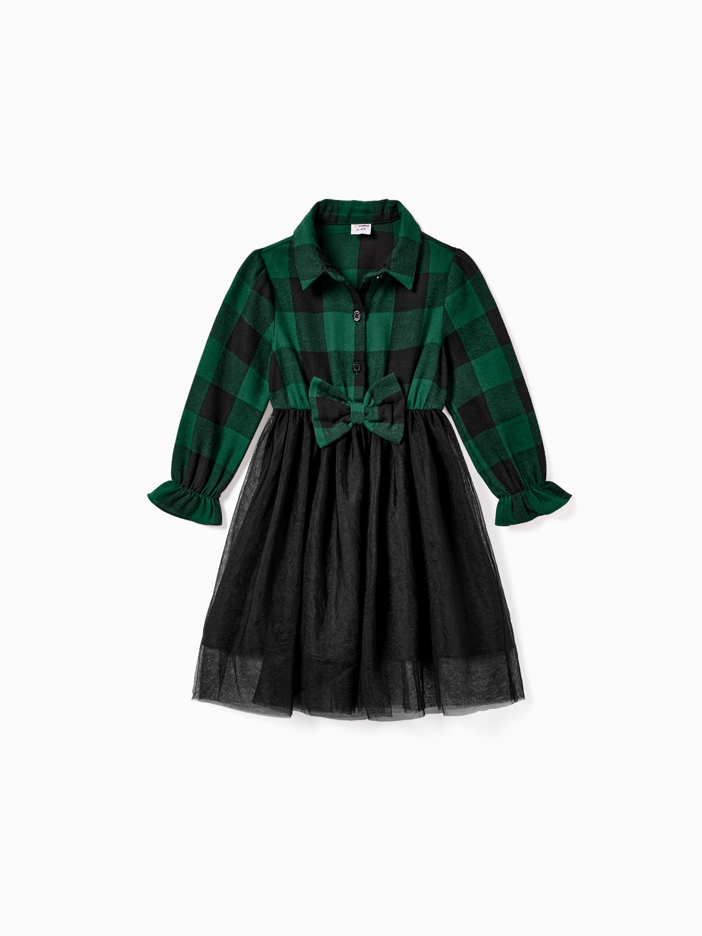 

Family Matching Sets Green Plaid Long Sleeves Shirt or Tulle Mesh Dress