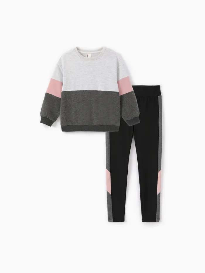 Kid Girl 2pcs Casual Colorblock Sweatshirt and Leggings Set 