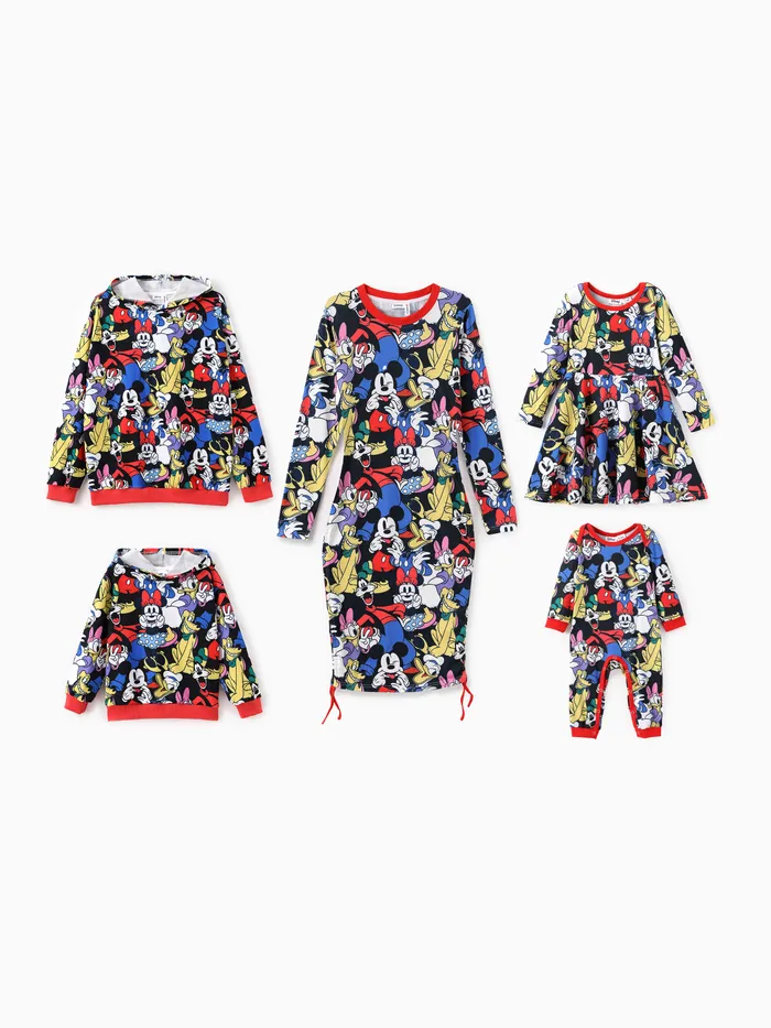 Disney Mickey and Friends Family Matching Naia™  Character Graffiti Allover Print Colorblock Long-sleeve Hoodies/Dress/Onesie