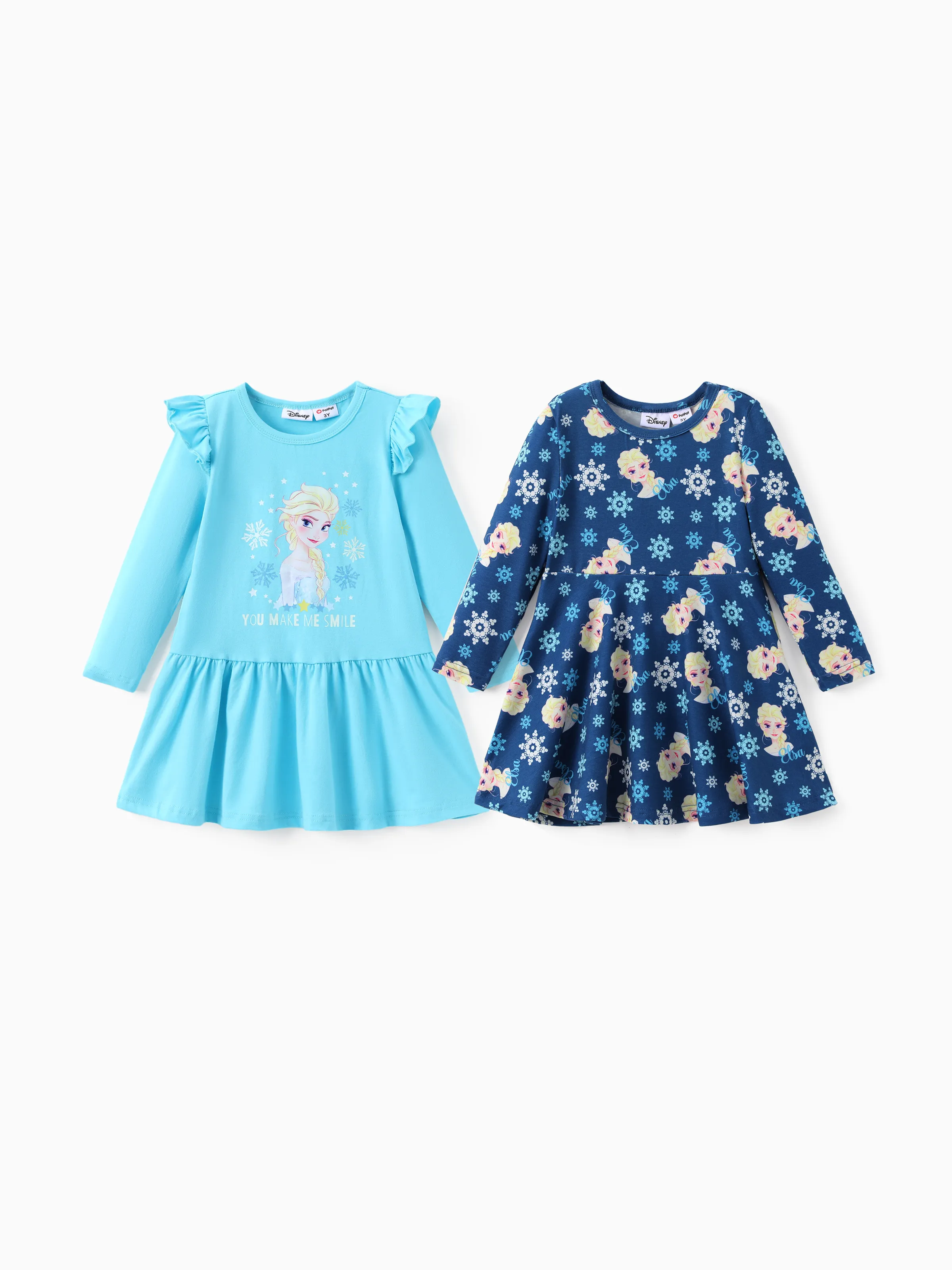 

Disney Frozen Toddler Girl 2-pack Elsa Cotton&Naia™ Ruffled Long-sleeve Dress And Snowflake Allover Print Dress Set