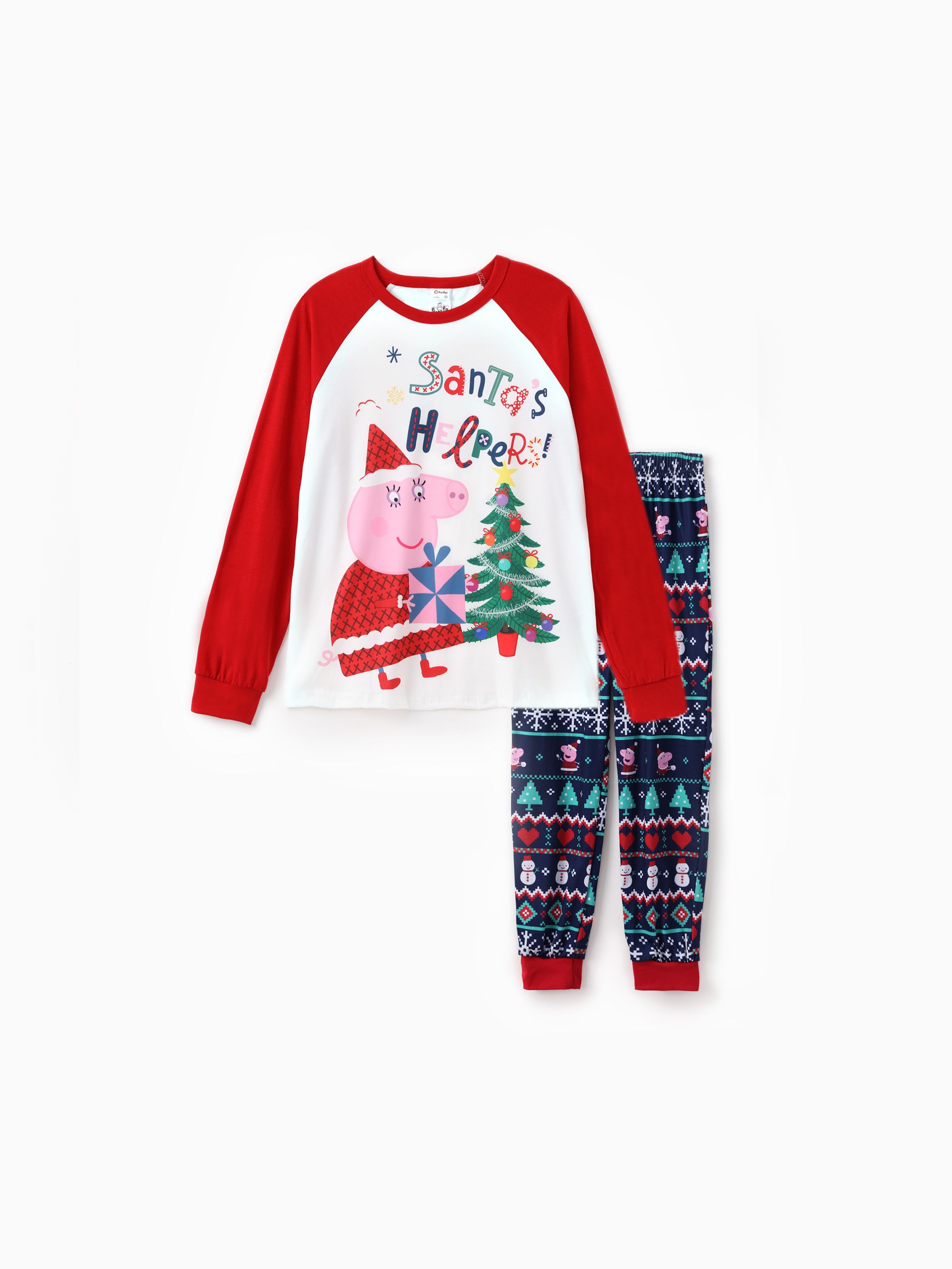 Peppa Pig Family matching Christmas Print Colorblock Long sleeve Pajamas Set Flame Resistant