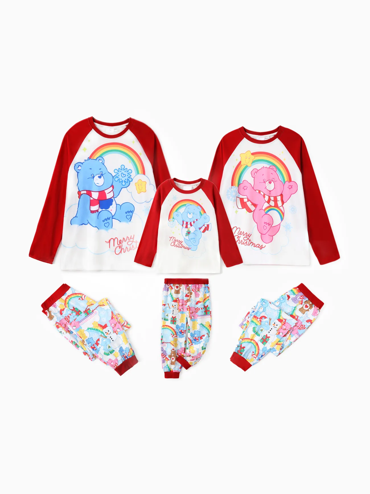 Care Bear Family a juego con el juego de pijama de pijama de manga larga con estampado navideño de arco iris con estampado de colores (resistente a las llamas)
