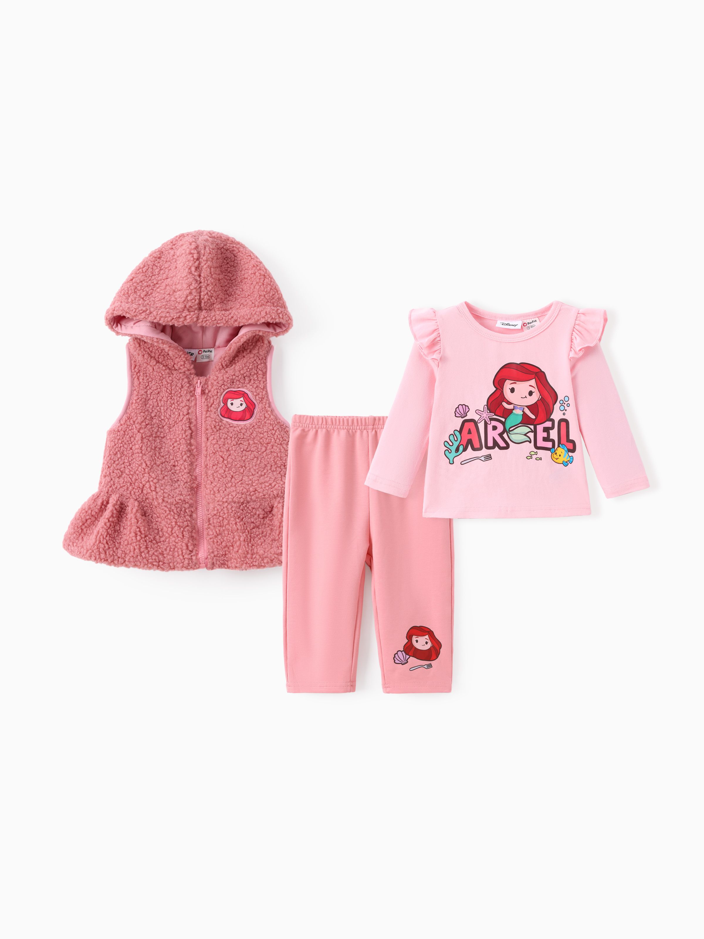 

Disney Princess Baby Girl 3pcs Ariel Cotton Hooded Vest Ruffled Long-sleeve Top And Pants Set