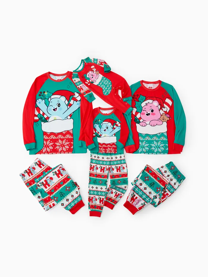 Care Bear Family matching Christmas Santa Hat Snowflake Print  Colorblock Pajamas Set(Flame Resistant)