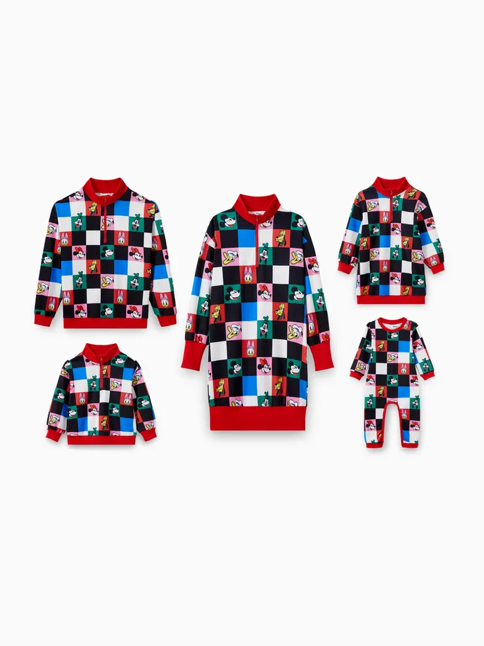 Disney Mickey and Friends Family matching Character Checker Allover Print Zipper Sweatshirt/Dress/Jumpsuit