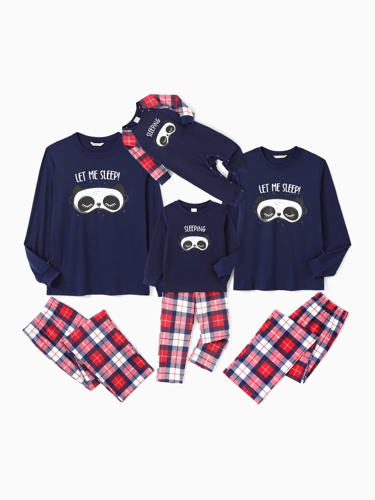 Christmas Pajamas Family Matching Raglan Sleeves Panda Graphic Top Plaid pants Pajamas Sets