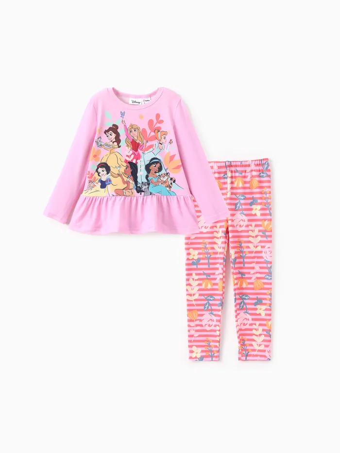 Princesa Disney Niña Pequeña 2pcs Naia™ Jazmín / Ariel Volante con dobladillo Top de manga larga y conjunto de leggings con patrón de rayas florales / conchas 