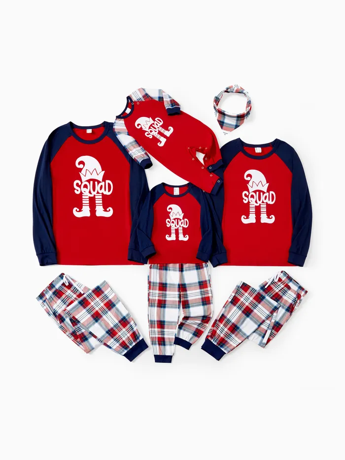 Pyjama de Noël Famille Assorti Manches Raglan Elf Squad Graphic Top Pantalon à carreaux Pyjamas Ensembles