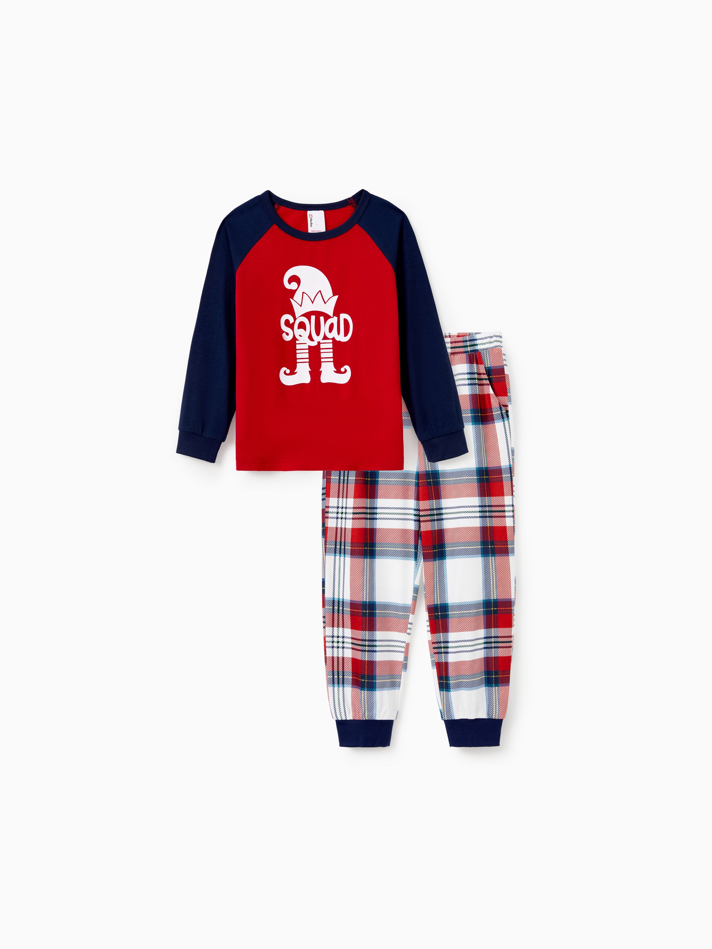 

Christmas Pajamas Family Matching Raglan Sleeves Elf Squad Graphic Top Plaid pants Pajamas Sets