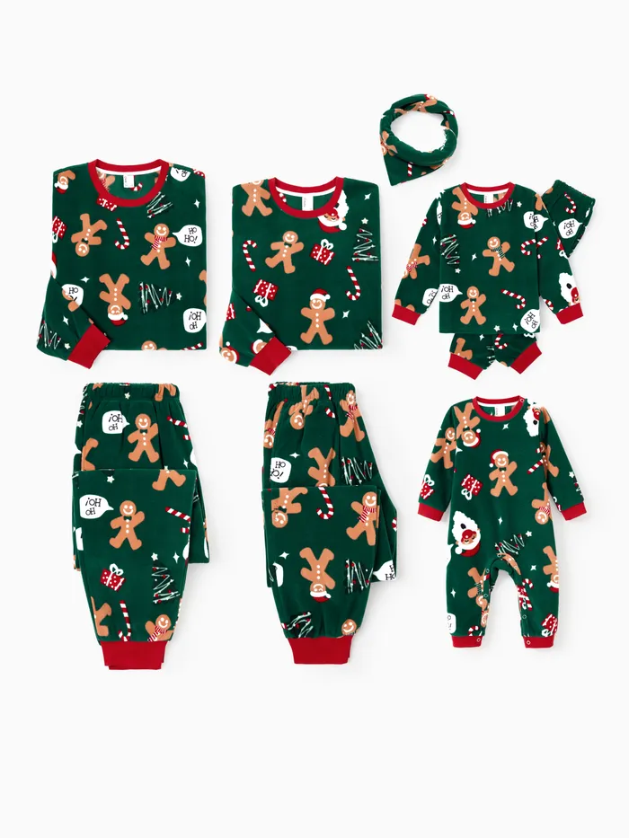 Christmas Pajamas Family Matching Fleece Gingerbread Man Long Sleeves Pajamas Sets with Pockets