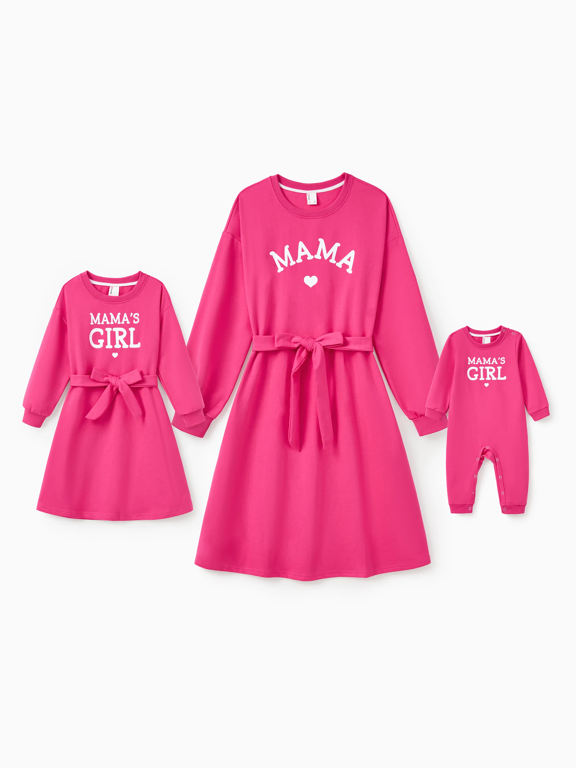 Mommy and Me Hot Pink Long Sleeves Belted Dresses 