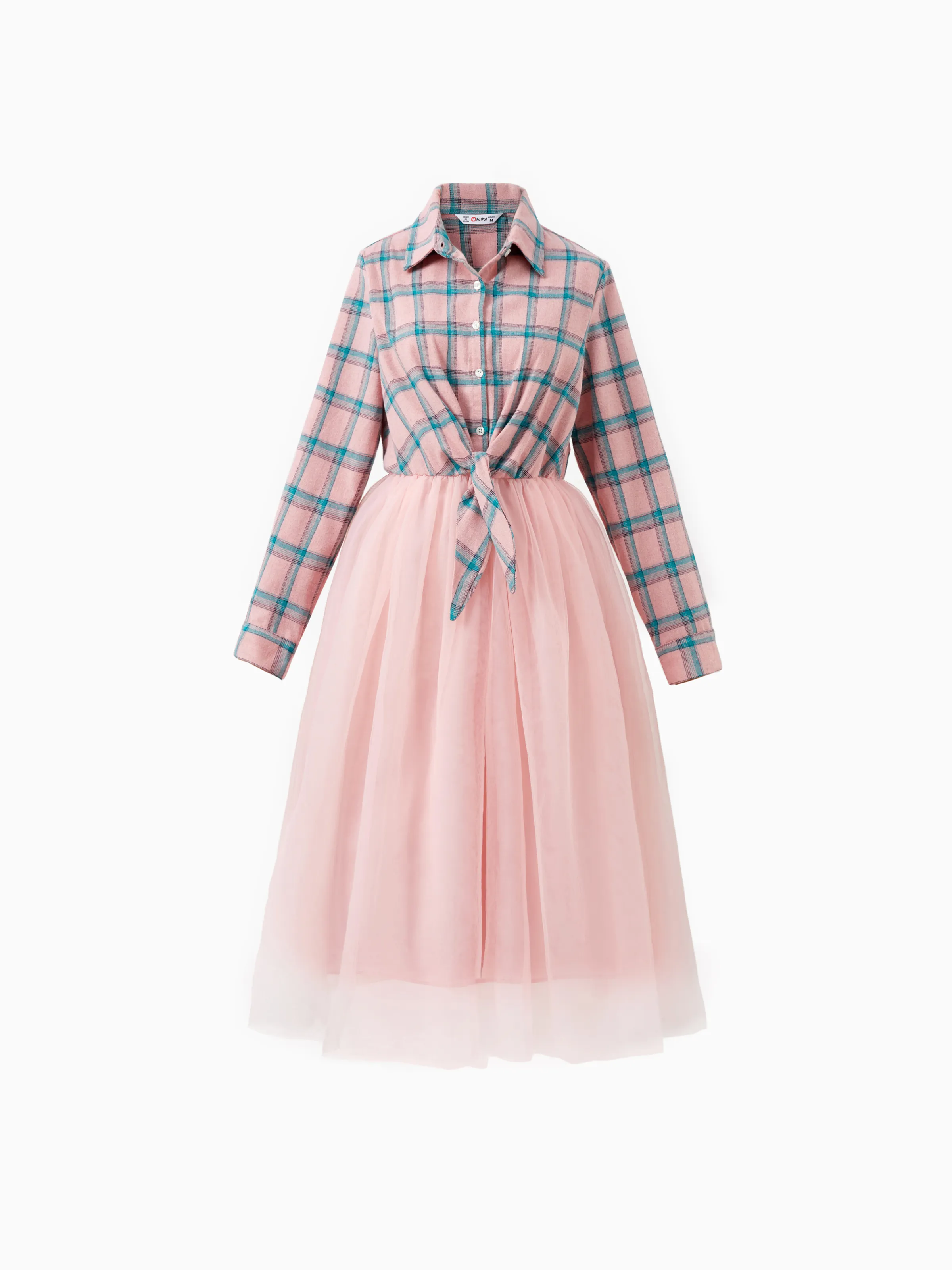 

Family Matching Pink Plaid Sets Long Sleeves Shirt or Tulle Mesh Dress
