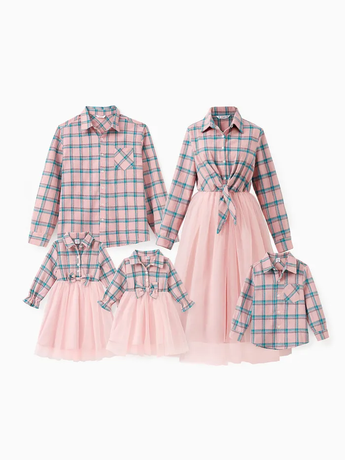 Family Matching Pink Plaid Sets Long Sleeves Shirt or Tulle Mesh Dress