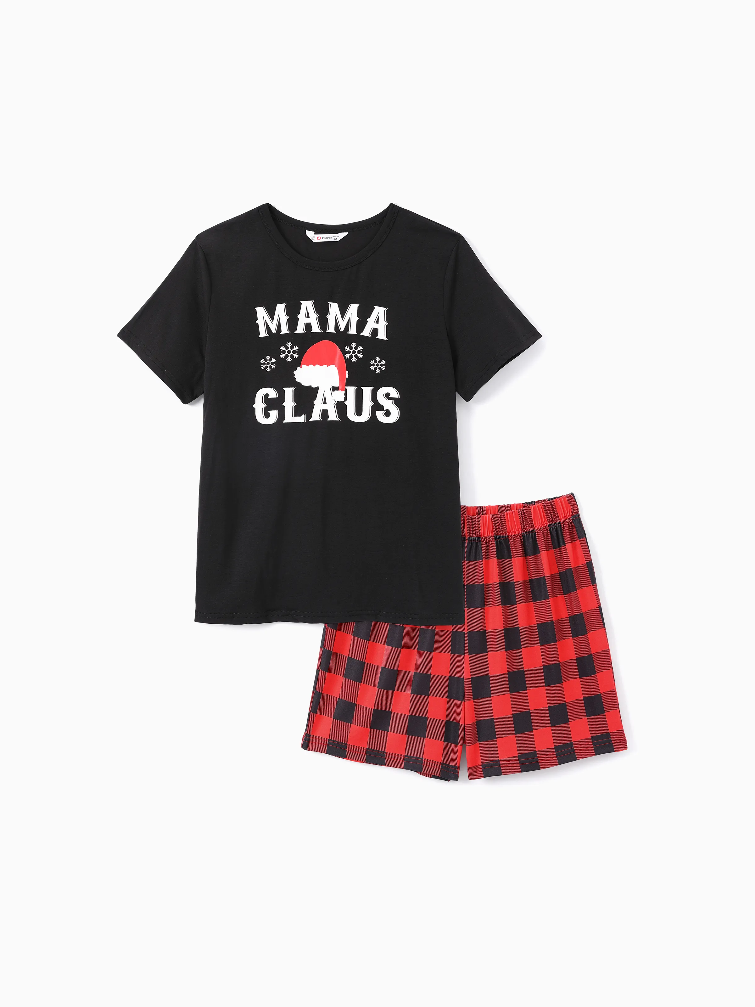 Christmas Hat And Letter Print Black Family Matching Short-sleeve Plaid Pajamas Sets