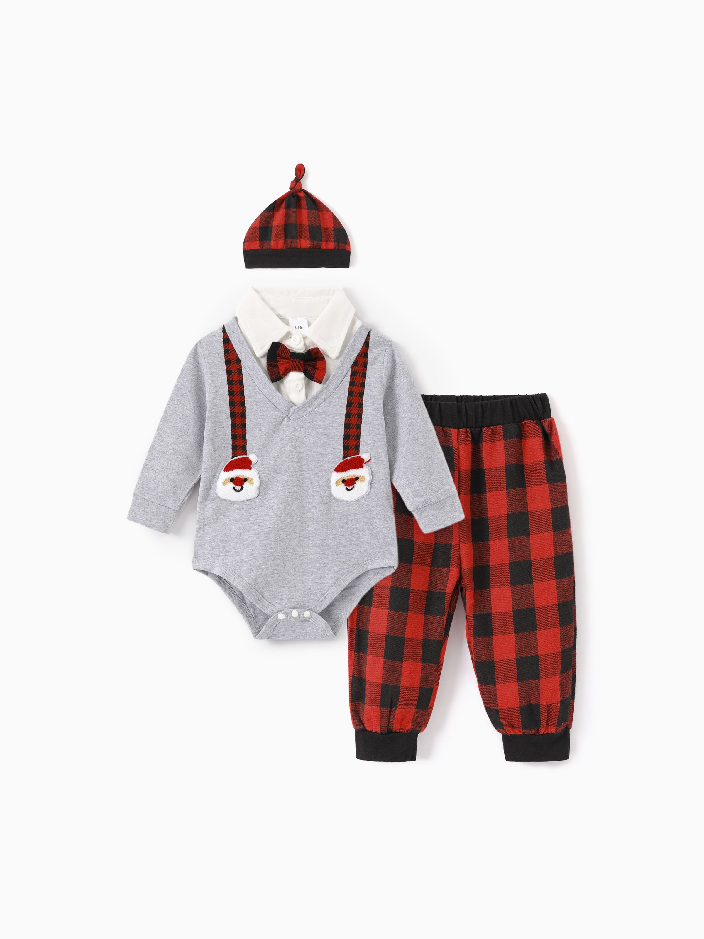 Christmas 3pcs Baby Boy 95 Cotton Long sleeve Santa Badge Bow Tie Romper and Red Plaid Pants with Hat Set Only 23.99 PatPat US Mobile