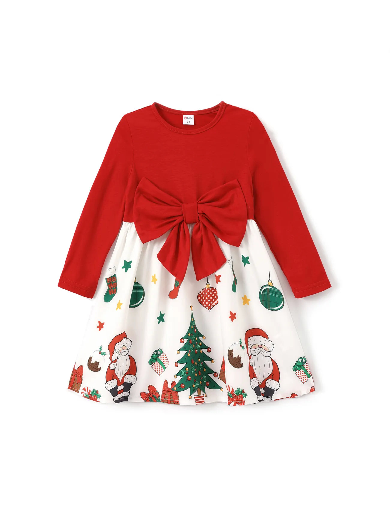 Vestido de manga larga con empalme con diseño de lazo gráfico navideño para niña pequeña