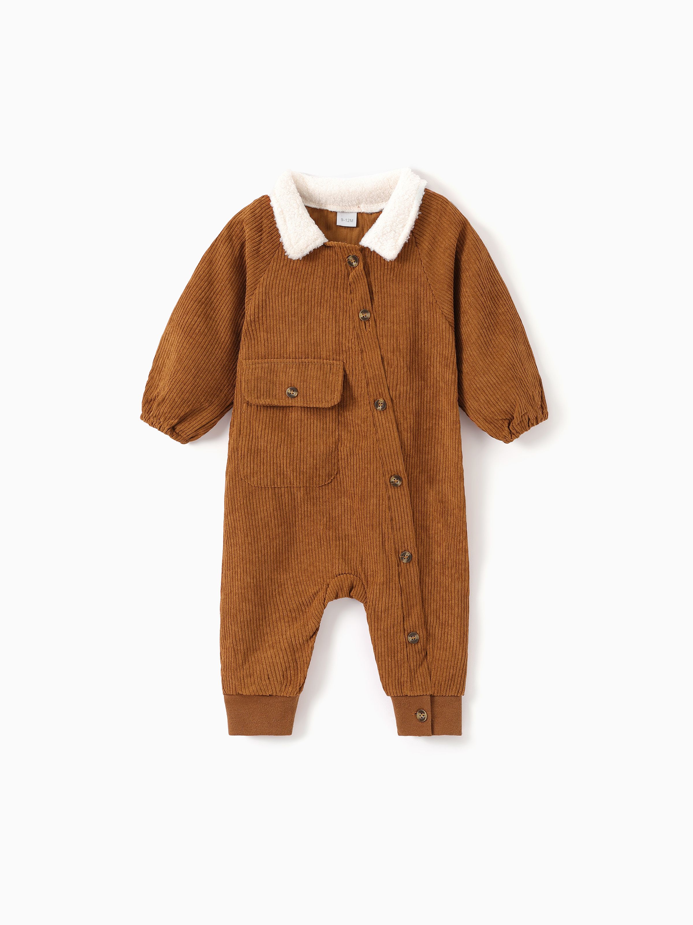 

Baby Boy Fleece Lapel Collar Solid Corduroy Long-sleeve Jumpsuit