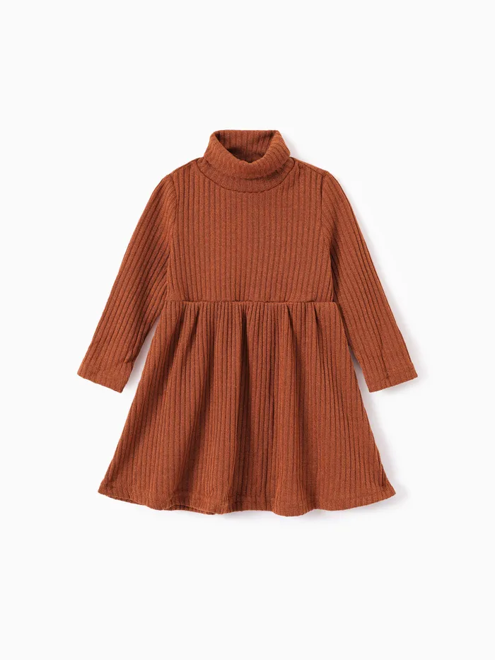 Baby Girl Solid Rib Knit Turtleneck Long-sleeve Dress