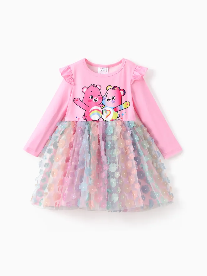 Care Bear Toddler Girl 1pc Estampado de Personaje Vestido de Tul 3D Floral/Mariposa de Manga Larga con Volantes 