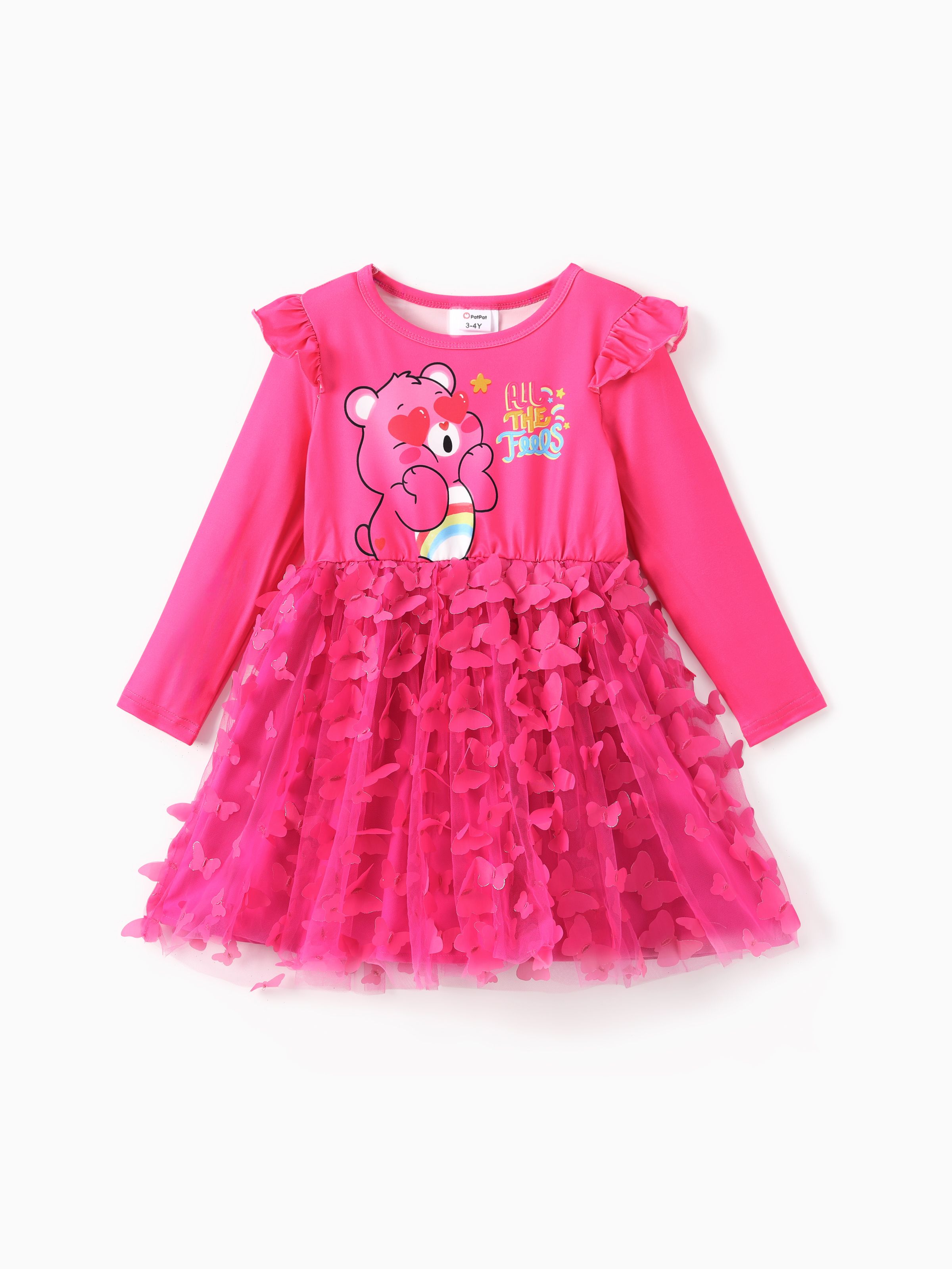 

Care Bear Toddler Girl 1pc Character Print Ruffled Long-sleeve 3D Floral/Butterfly Tulle Dress