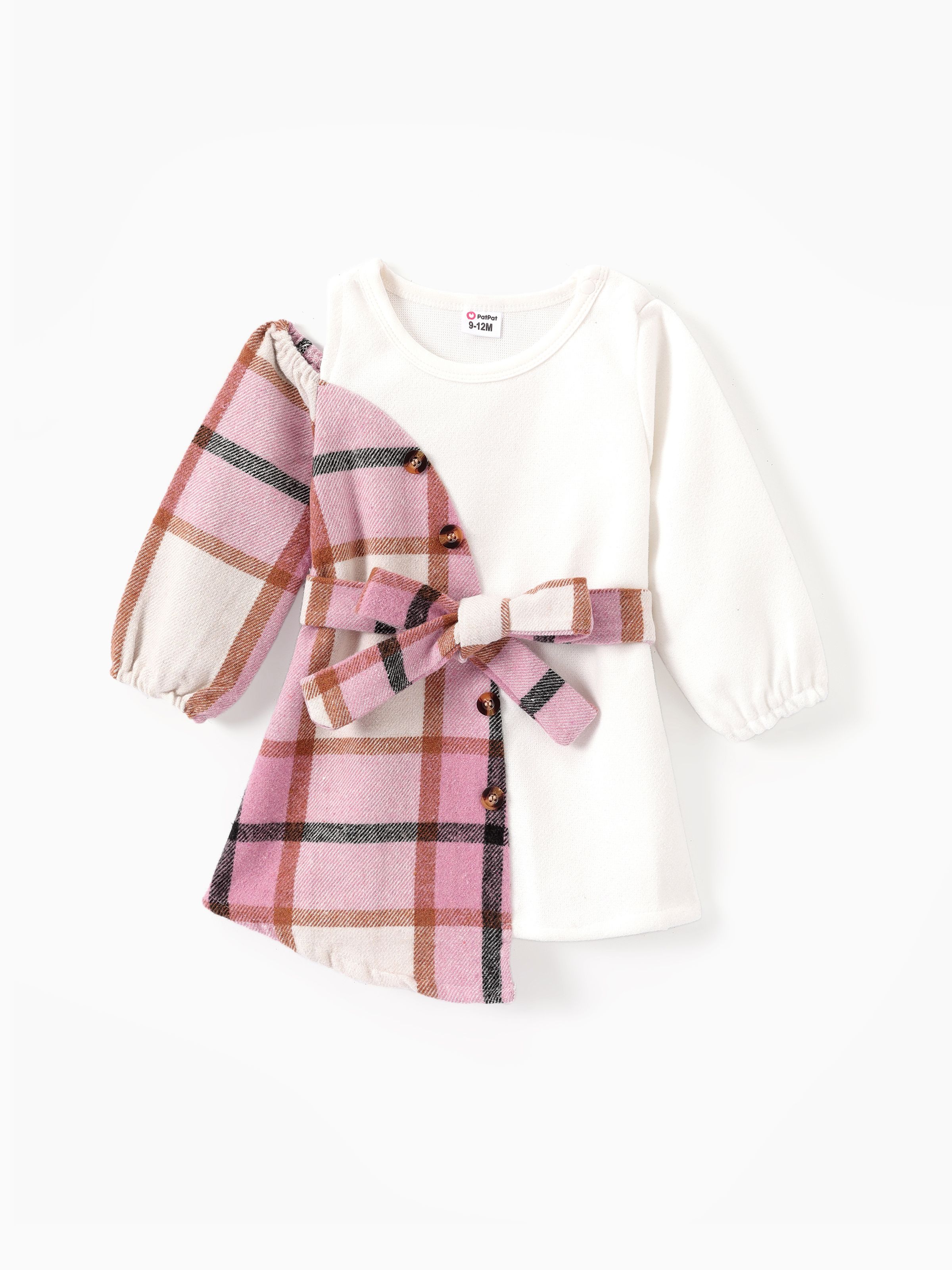 

Baby Girl Plaid Buttons Belted Long-sleeve Dress