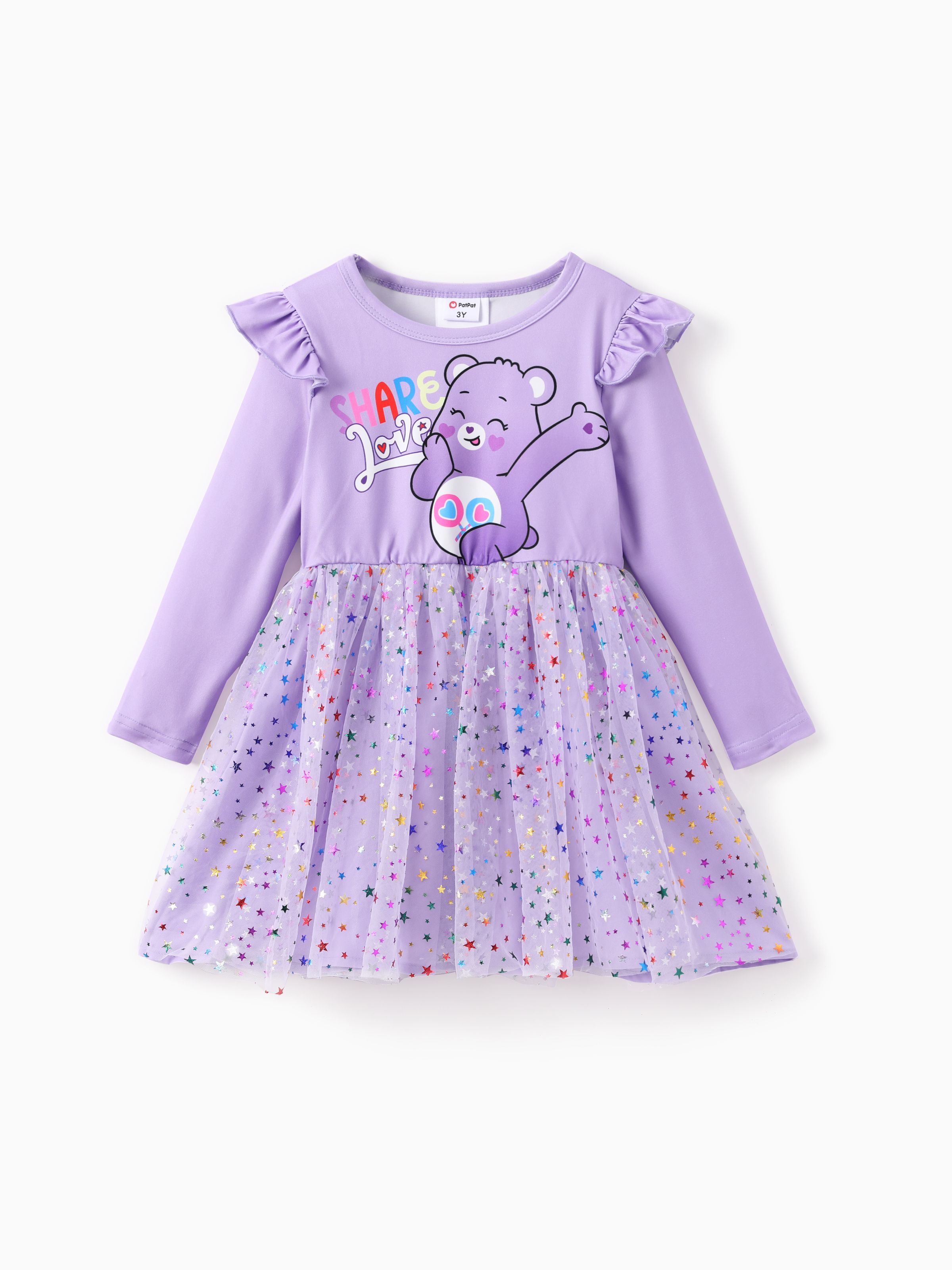 

Care Bear Toddler Girl 1pc Character Print Ruffled Long-sleeve 3D Floral/Butterfly Tulle Dress