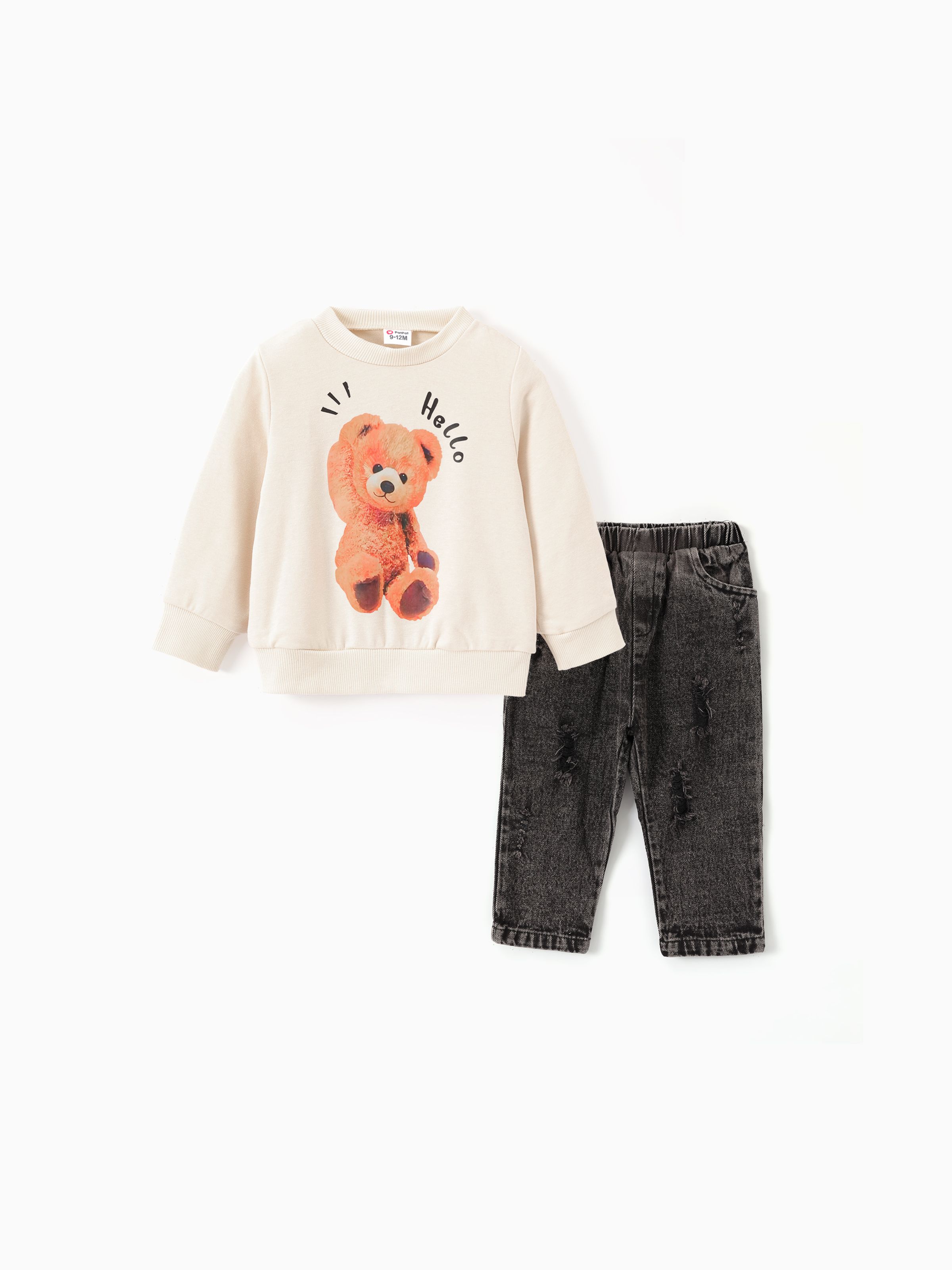 

2pcs Baby Boy Bear Print Long-sleeve Sweatshirt and Ripped Jeans Set