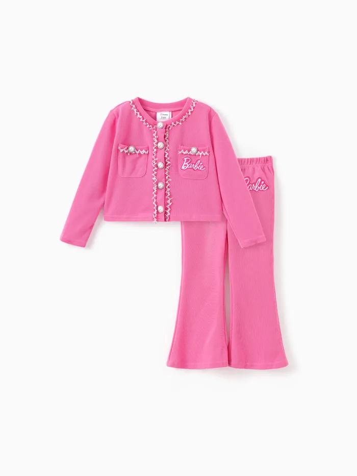 Barbie Toddler/Kid Girl 2pcs Cotton Knitted Pearl Button Cardigan And Flared Pants Set  