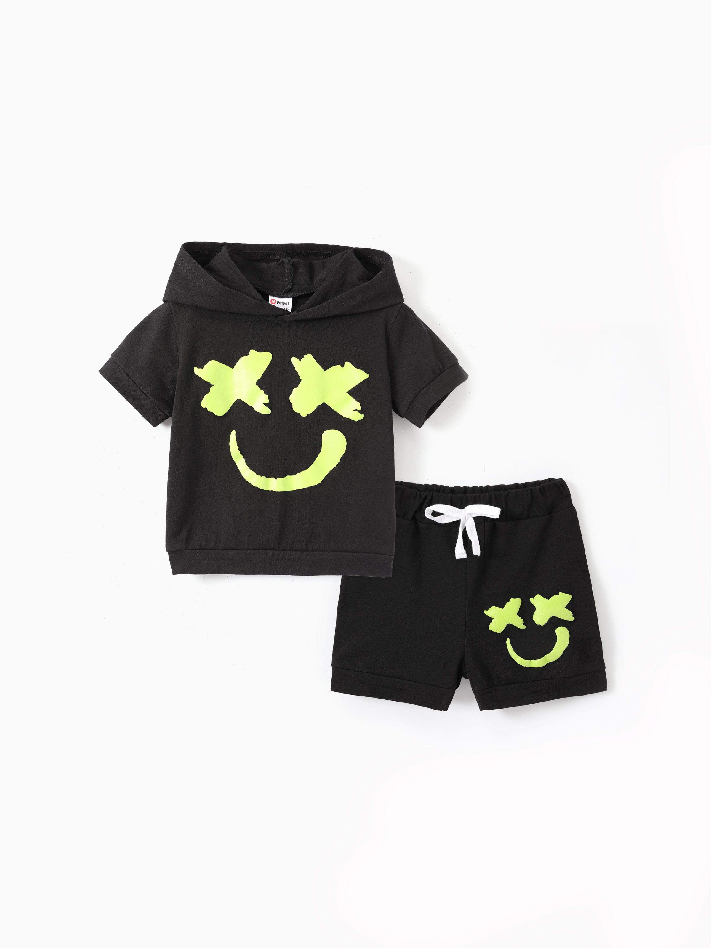 

2pcs Baby Boy/Girl 95% Cotton Glow in the Dark Graphic Hooded Short-sleeve Tee & Shorts Set