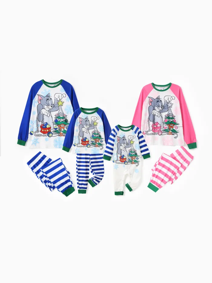 Tom und Jerry Family passendes Weihnachts-Streifen-Print-Colorblock-Langarm-Pyjama-Set (schwer entflammbar)