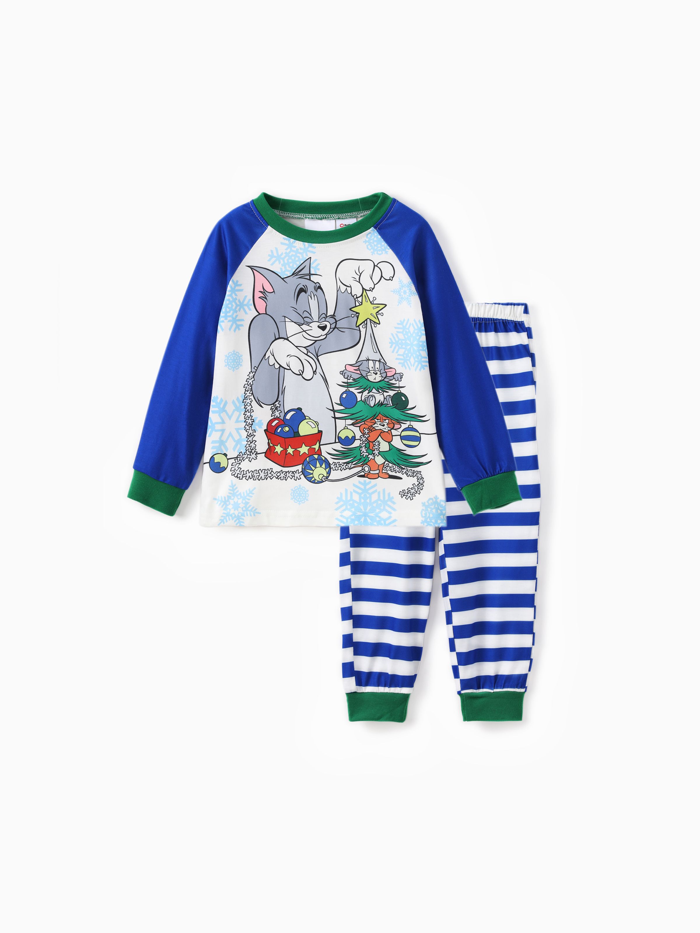 

Tom and Jerry Family matching Christmas Striped Print Colorblock Long-sleeve Pajamas Set (Flame Resistant)