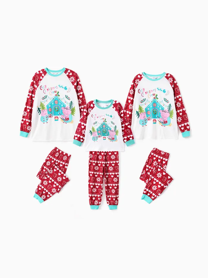 Peppa Pig Family matching Christmas Heart Snowflake Pattern Colorblock Pajamas Set (Flame Resistant)
