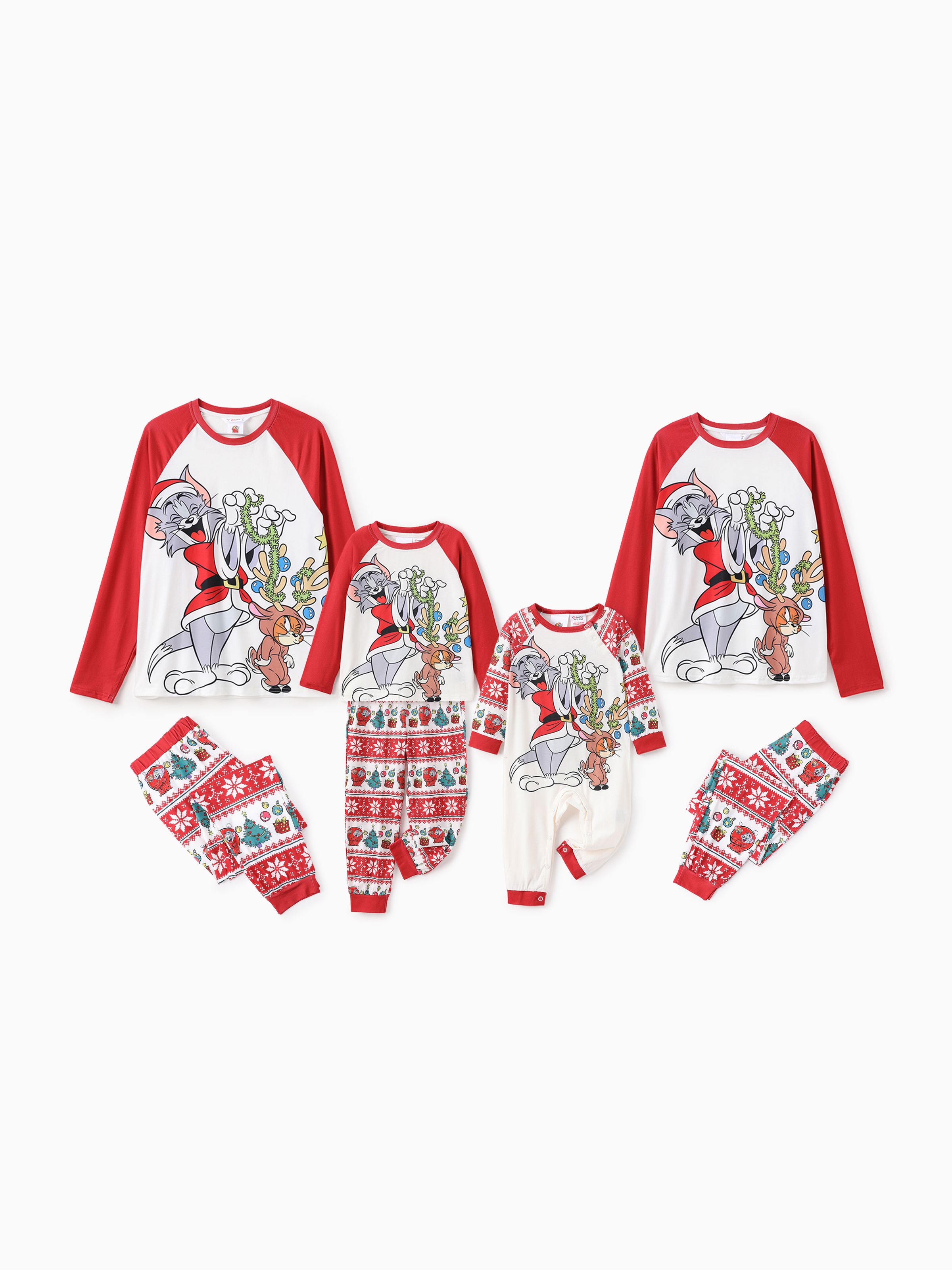 

Tom and Jerry Family matching Christmas Tree Character Pattern Colorblock Pajama Set (Flame Resistant)