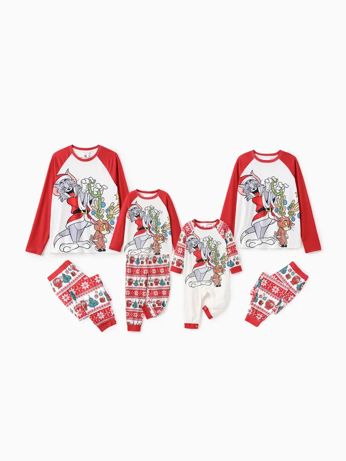 Tom and Jerry Family matching Christmas Tree  Character Pattern Colorblock Pajama Set (Flame Resistant)