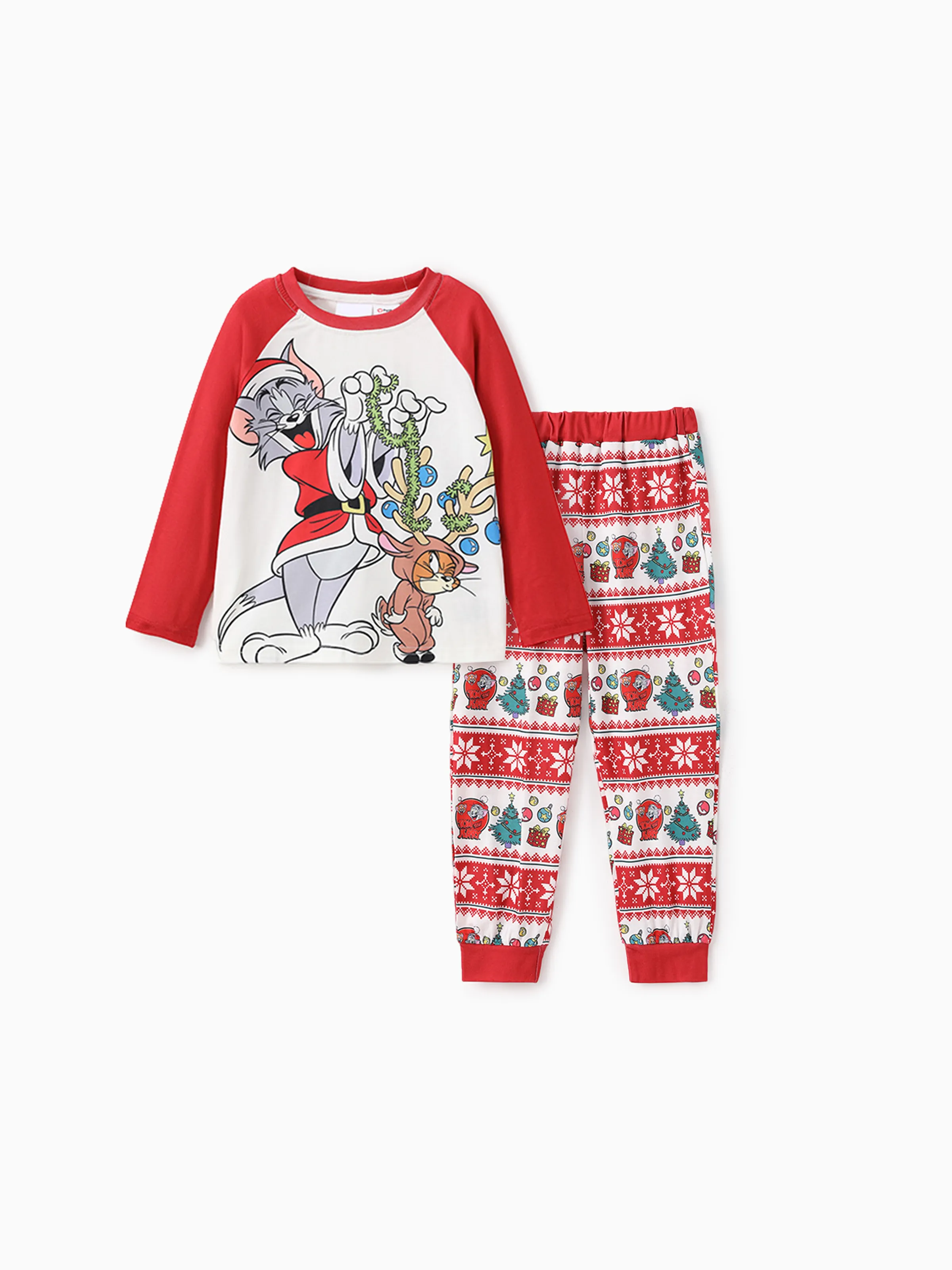 

Tom and Jerry Family matching Christmas Tree Character Pattern Colorblock Pajama Set (Flame Resistant)