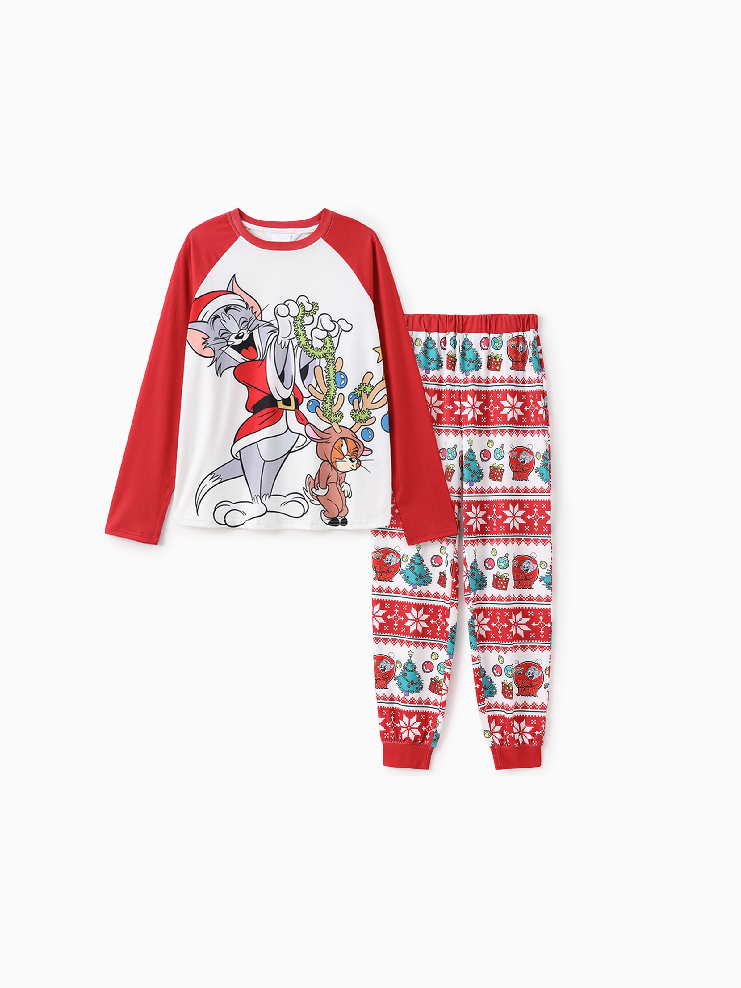 

Tom and Jerry Family matching Christmas Tree Character Pattern Colorblock Pajama Set (Flame Resistant)