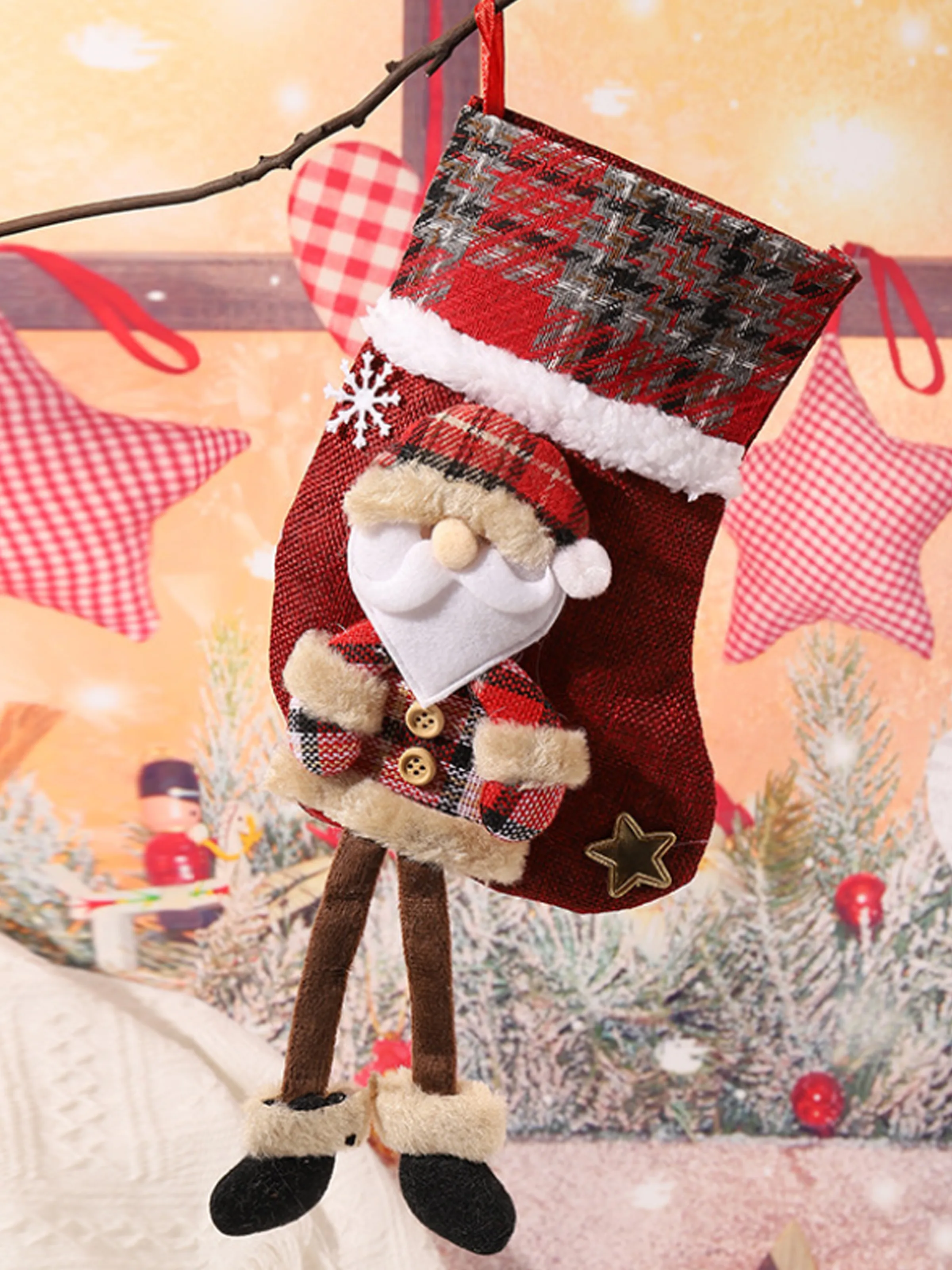 

Checkered Christmas Stocking - Decorative Gift Bag for Children with Santa Claus Design, Ideal for Candy and Presents